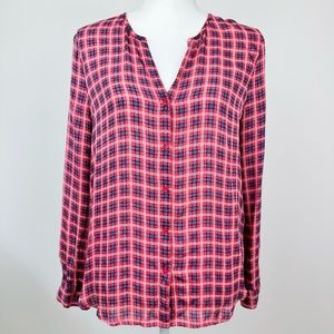 Joie 100% Silk Blouse Long Sleeve Plaid Check Pink Purple Medium Classic Office